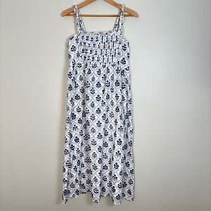 Madison Mathews Block Print Floral Maxi Dress-Pintuck/Ruffles-Blue/White-L-Boho
